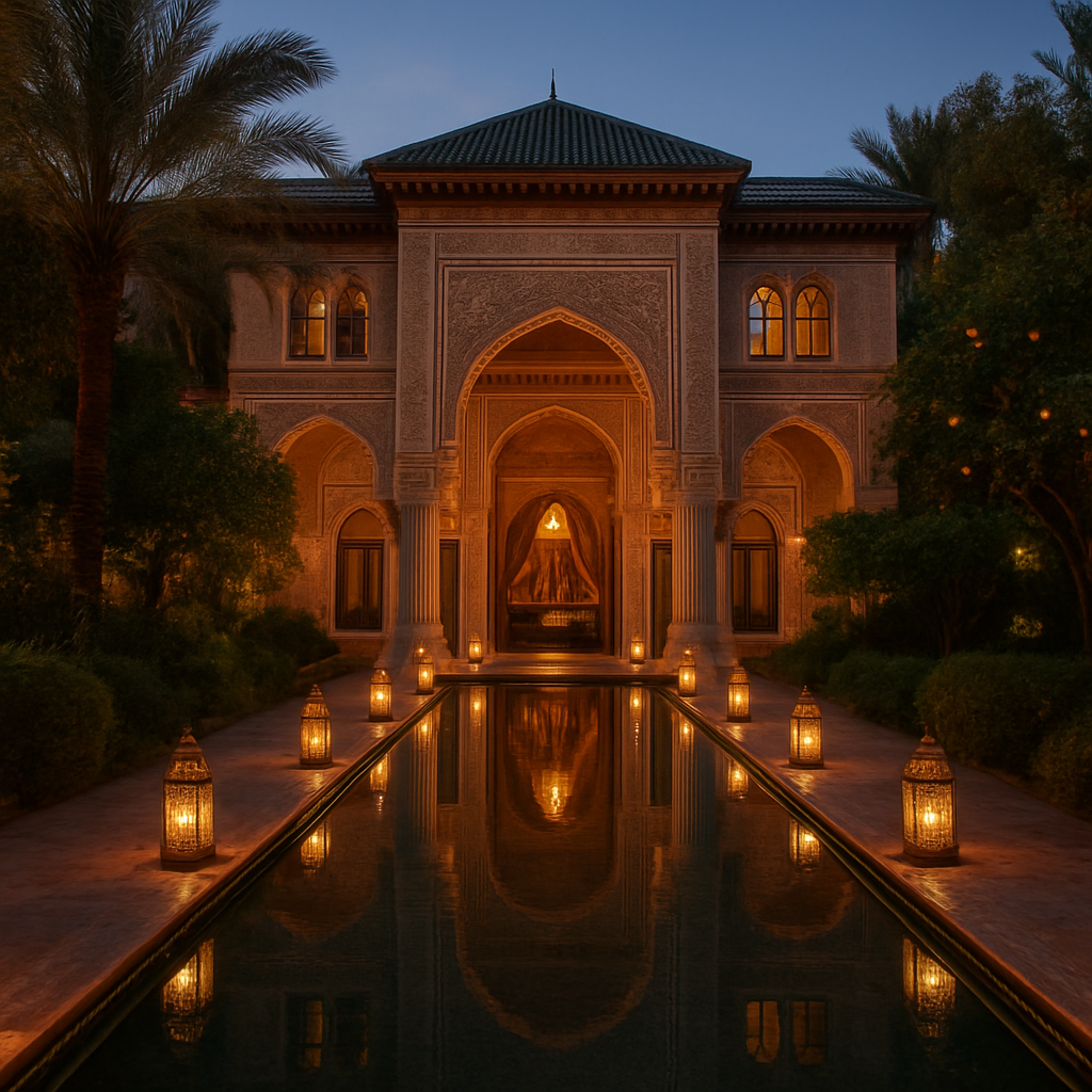 Opulent Marrakech palace riad with carved cedar and a candlelit reflecting pool